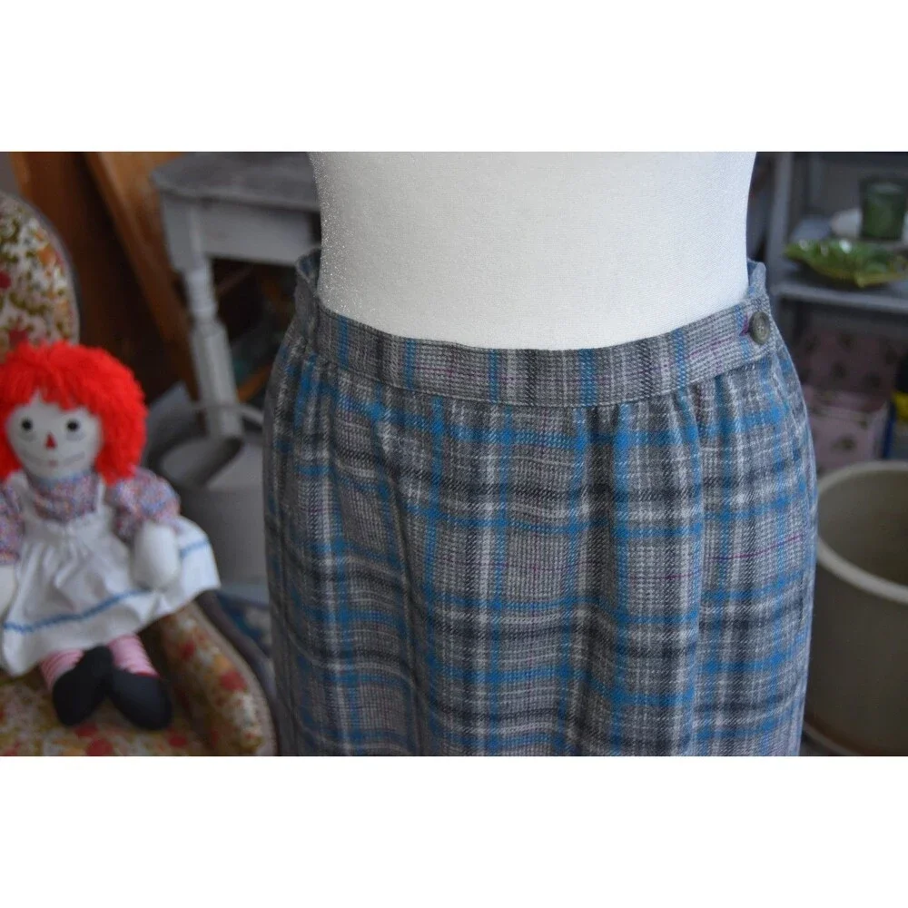 Womens Vintage PENDLETON Gray Blue Plaid Tartan Wool Pencil Skirt Sz M USA MADE